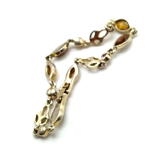 VTG Citrine & Amber Colored Faceted Rhinestone Gold-tone Leaves Link Bracelet - Picture 6 of 13